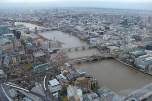 aerial view, bridge, city, day, diffuse, diffused light, England, London, overcast, river, The United Kingdom, urban, winter