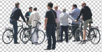 cutout, cutout groups, cutout people, cycling, day, eye level view, group, male, man, standing, summer, sunny