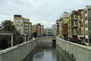 bridge, building, cityscape, cloudy, day, eye level view, Orihuela, residential, river, Spain, Valenciana