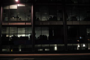 artificial lighting, building, city, city lights, England, eye level view, facade, London, night, office building, outdoor lighting, The United Kingdom, urban