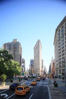 building, car, day, elevated, facade, Flatiron building, Manhattan, New York, skyscraper, street, sunny, taxi, The United States