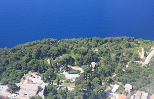 above, aerial view, bright, day, greenery, island, looking down, summer, sunny, village