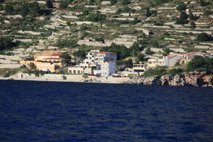 building, Croatia, day, eye level view, Makarska, mountain, seascape, Splitsko-Dalmatinska, summer, tree, vegetation, villa