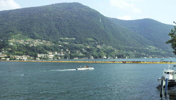 boat, day, eye level view, Italia , lake, Lombardia, Monte Isola, mountain, platform, summer, sunny