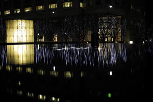 artificial lighting, city, city, city lights, cityscape, England, eye level view, London, night, pavilion, pond, The United Kingdom, winter