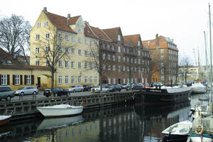 boat, building, canal, Copenhagen , day, Denmark, eye level view, Kobenhavn, overcast