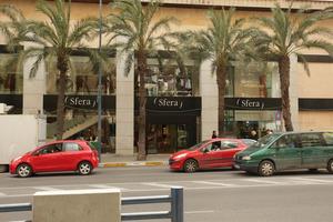 Alicante, car, day, eye level view, natural light, palm, retail, shop, Spain, street, sunny, Valenciana, vegetation