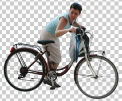 casual, caucasian, cutout, cutout people, cutout women, cycling, day, eye level view, natural light, side, standing, summer, woman