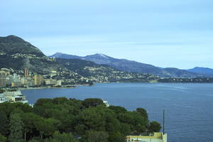 afternoon, cliffs, cloudy, day, elevated, looking down, Monaco, Monte Carlo, Monte-Carlo, mountain, overcast, seascape, top-down perspective, tree, tree canopy, treeline, winter