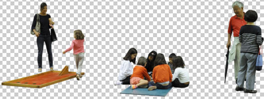 children, cutout, cutout groups, cutout people, day, diffuse, diffused light, eye level view, group, playing, sitting, summer