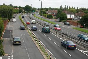 car, day, elevated, England, guardrail, London, natural light, road, The United Kingdom, vegetation