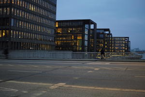 artificial lighting, Copenhagen , Denmark, diffuse, diffused light, eye level view, facade, Kobenhavn, night, office building, street