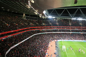 artificial lighting, ceiling, crowd, elevated, England, football, football pitch, goal, London, people, stadium, The United Kingdom