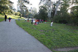 autumn, California, day, diffuse, diffused light, eye level view, grass, group, kids, park, path, playing, San Francisco, The United States