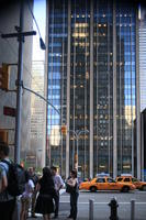 building, day, eye level view, facade, glass, group, Manhattan, New York, people, skyscraper, standing, street, summer, sunny, taxi, The United States, woman