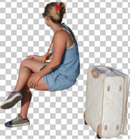 casual, caucasian, cutout, cutout people, cutout women, day, eye level view, female, luggage, side, sitting, summer, sunny