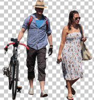 casual, couple, cutout, cutout couples, cutout people, day, eye level view, front, summer, sunny, walking