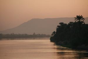 dusk, East Timor, Egypt, Egypt, eye level view, palm, river, river Nile, silhouette, tree, vegetation