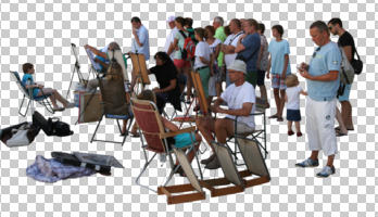 artist, casual, caucasian, crowd, cutout, cutout groups, cutout people, day, eye level view, group, natural light, people, side, sitting, standing, summer