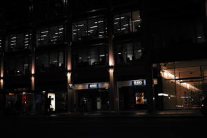 artificial lighting, city, cityscape, England, eye level view, London, night, office, street, The United Kingdom