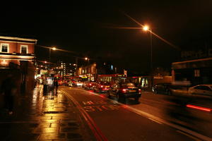 artificial lighting, bus, car, effect, England, eye level view, London, night, street, The United Kingdom, transport