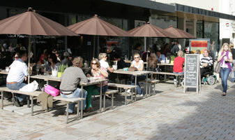 autumn, Bielefeld, bright, cafe, casual, chair, day, Deutschland, eye level view, furniture, Nordrhein-Westfalen, people, sitting, sunny, umbrella