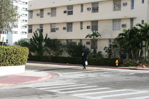 architecture, building, day, eye level view, facade, Florida, hedge, man, Miami, old, palm, people, road, The United States, vegetation, walking, wall, window