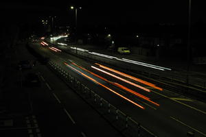 artificial lighting, car, car lights, city lights, elevated, England, evening, London, night, outdoor lighting, road, The United Kingdom, traffic, urban, winter