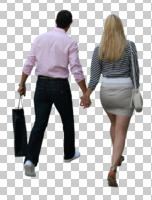 ambient light, back, caucasian, couple, cutout, cutout couples, cutout people, day, eye level view, natural light, smart, walking