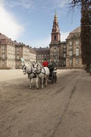 bell-tower, building, carriage, Copenhagen , day, Denmark, eye level view, horse, Kobenhavn, square, sunny, winter