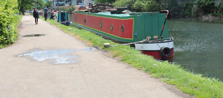 boat, canal, day, England, eye level view, London, path, spring, sunny, The United Kingdom