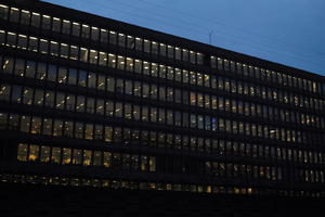 artificial lighting, Copenhagen , Denmark, diffuse, diffused light, eye level view, facade, Kobenhavn, night, office building