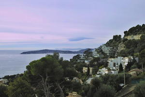 afternoon, Cirrostratus, cliffs, cloudy, day, elevated, haze, looking down, Monaco, Monte Carlo, Monte-Carlo, museum, overcast, roofscape, seascape, sky, sun glare, top-down perspective, tree, tree canopy, treeline, winter