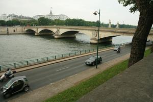 bridge, car, elevated, France, Ile-De-France, motorcycle, overcast, Paris, path, river, road, spring, transport