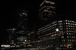 artificial lighting, building, building, city, cityscape, England, eye level view, London, night, office, The United Kingdom, winter