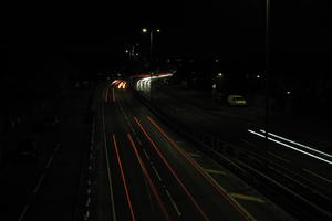 artificial lighting, car lights, city lights, elevated, England, evening, London, night, outdoor lighting, road, The United Kingdom, urban, winter