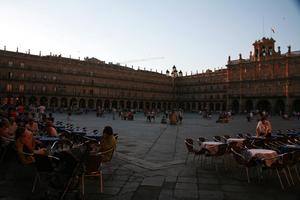 architecture, cafe, Castilla y Leon, day, eye level view, facade, group, people, plaza, Salamanca, sitting, Spain, summer, sunlight, sunny, sunshine