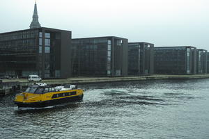 boat, building, canal, Copenhagen , day, Denmark, elevated, facade, Kobenhavn, office building, overcast